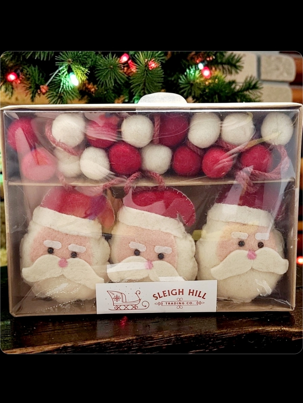 Santa Clause Red White Pom Pom Christmas 6Ft Felt Stitch Farm House Garland New